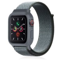 Newface Apple Watch 44mm Hasırlı Cırtcırtlı Kasalı Kordon - Gri-Turkuaz