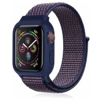 Newface Apple Watch 41mm Hasırlı Cırtcırtlı Kasalı Kordon - Lacivert-Mürdüm