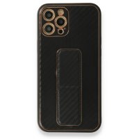 Newface iPhone 12 Pro Kılıf Coco Karbon Standlı Kapak - Siyah