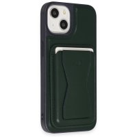 HDD iPhone 14 Kılıf HD Deri Luxury Magnet Kartvizitli Kapak - Koyu Yeşil