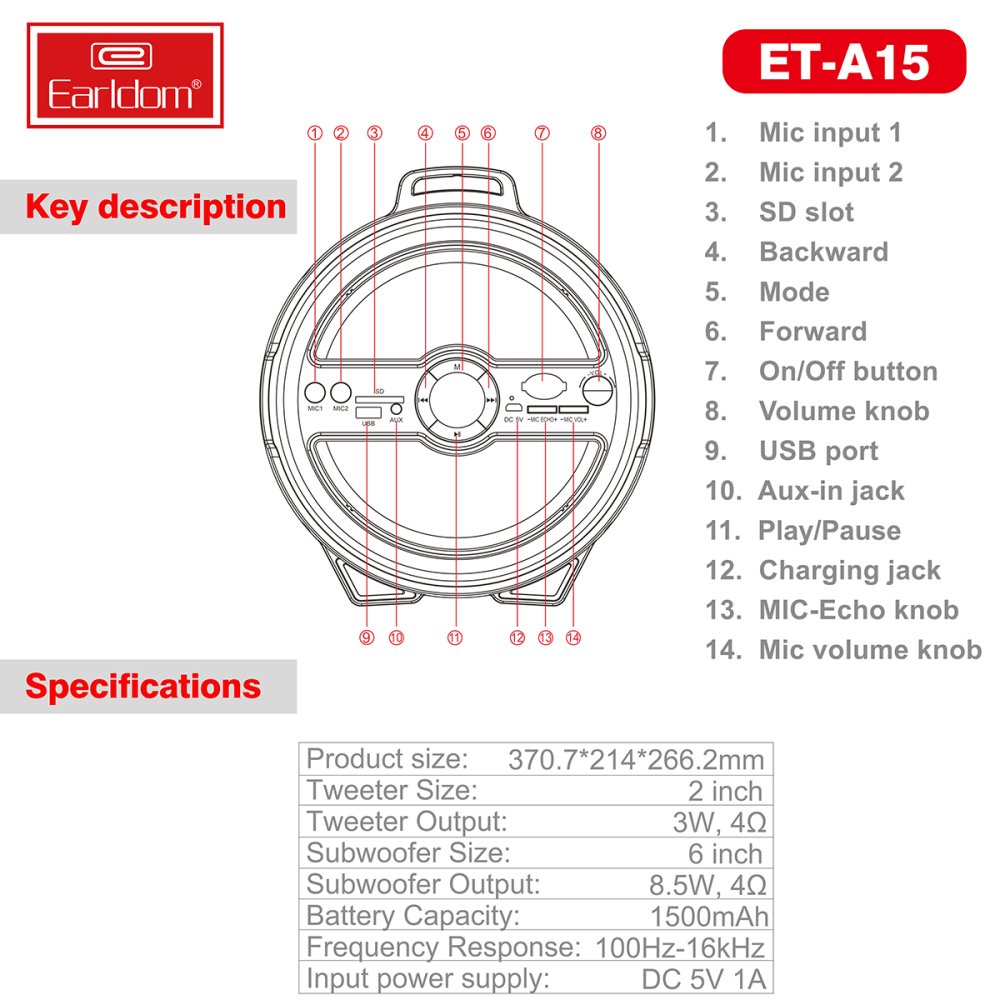 Earldom A15 Radyolu Bluetooth Kablosuz Hoparlör - Siyah