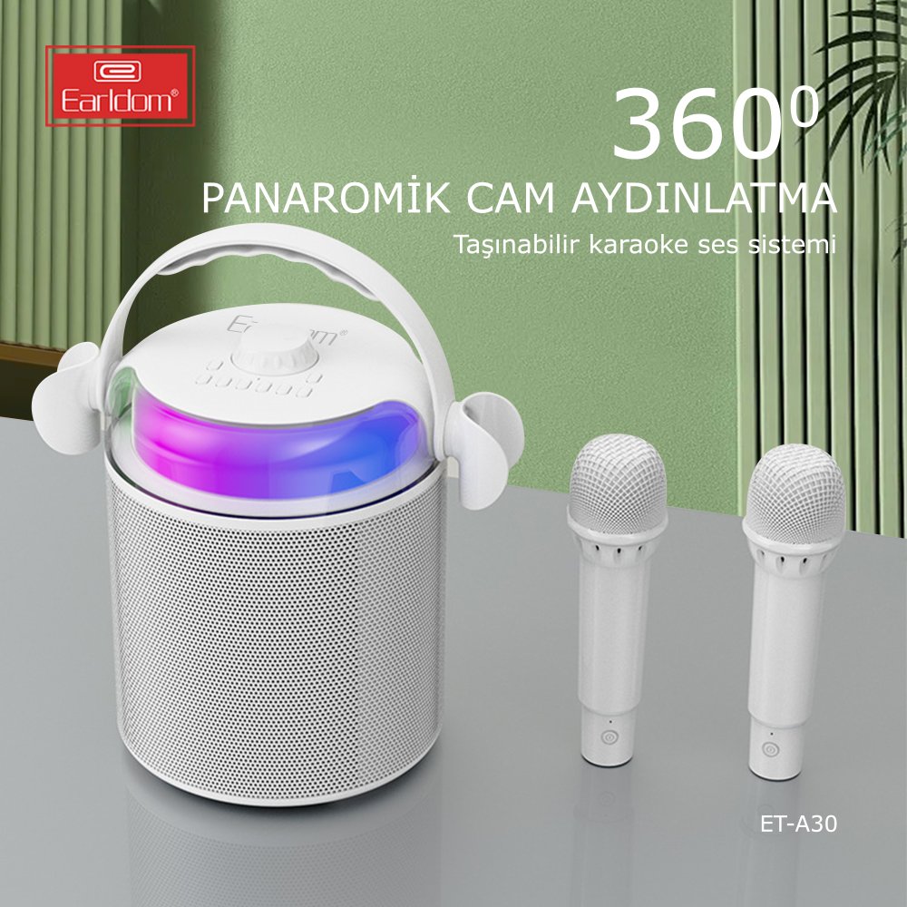 Earldom A30 RGB Işıklı Karaoke Mikrofonlu Bluetooth Kablosuz Hoparlör - Beyaz