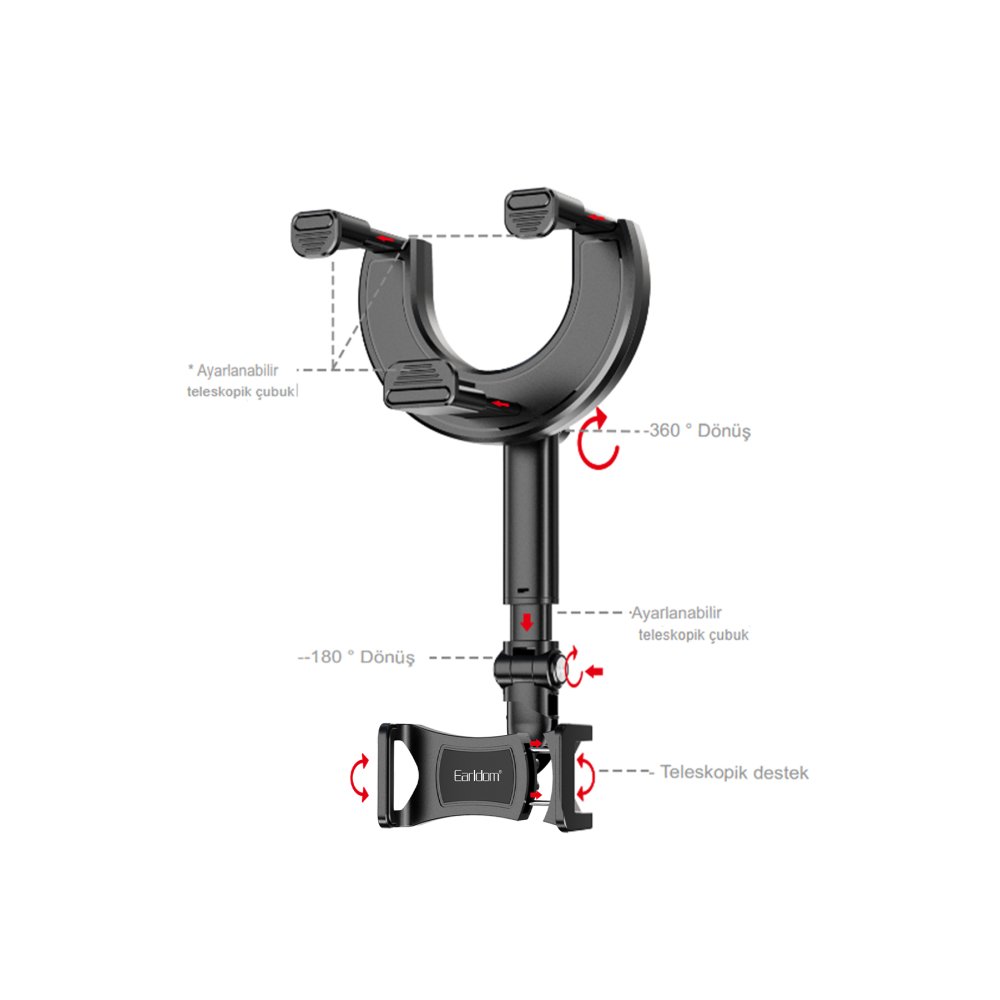 Earldom EH184 Dikiz Aynasına Sabitlenen 360 Derece Ayarlanabilir Araç Tutucu - Siyah