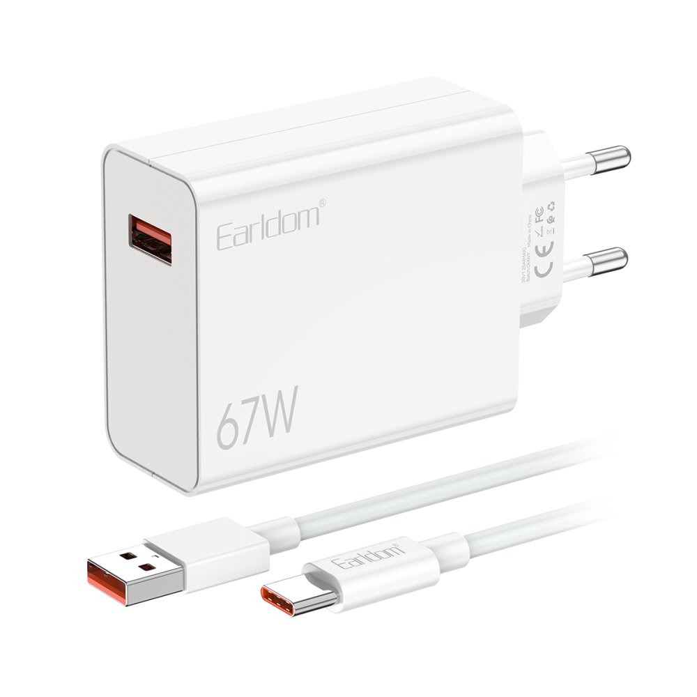 Earldom EU47 67W USB QC 3.0 Çıkışlı ve USB to Type-C Kablolu PD Hızlı Şarj Cihazı - Beyaz