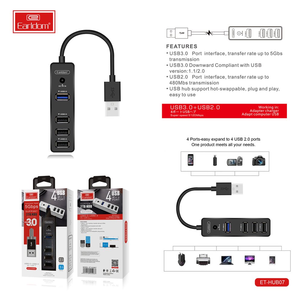 Earldom HUB07 Tak Çalıştır 3 Adet Usb 2.0 ve 1 Adet Usb 3.0 Çıkışlı Usb Çoklayıcı - Siyah