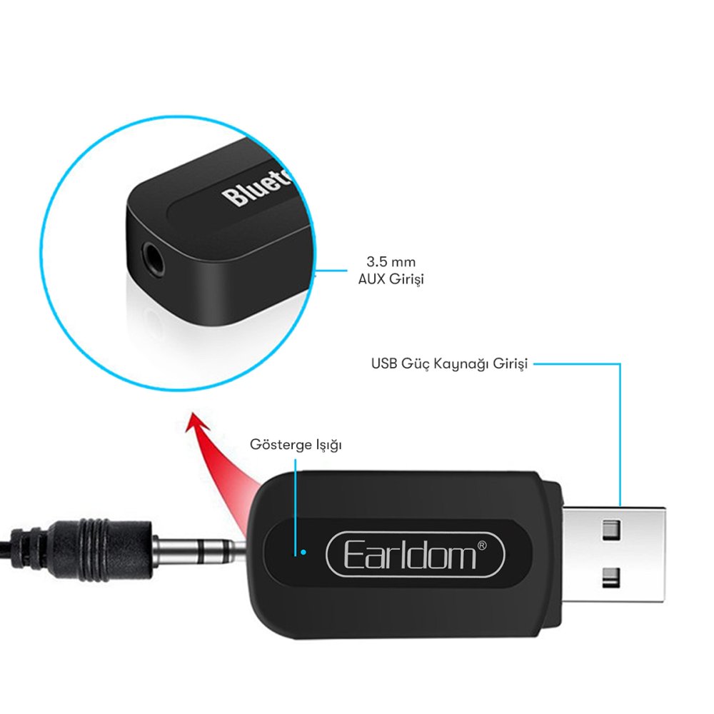 Earldom M22 Bluetooth 5.0 Usb Aux Dönüştürücü - Siyah