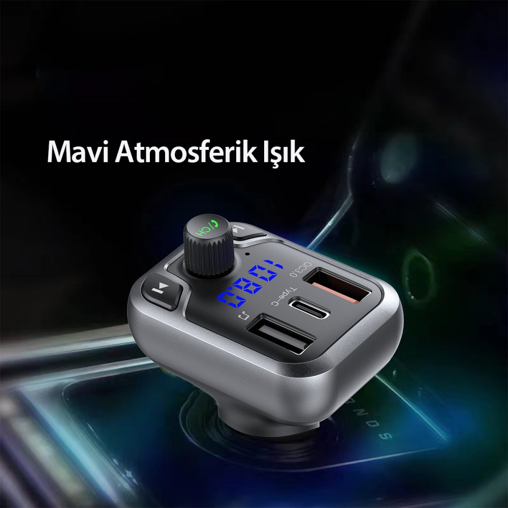 Earldom M63 Bluetooth USB3.0 ve Type C PD Hızlı Şarj FM Transmitter - Siyah