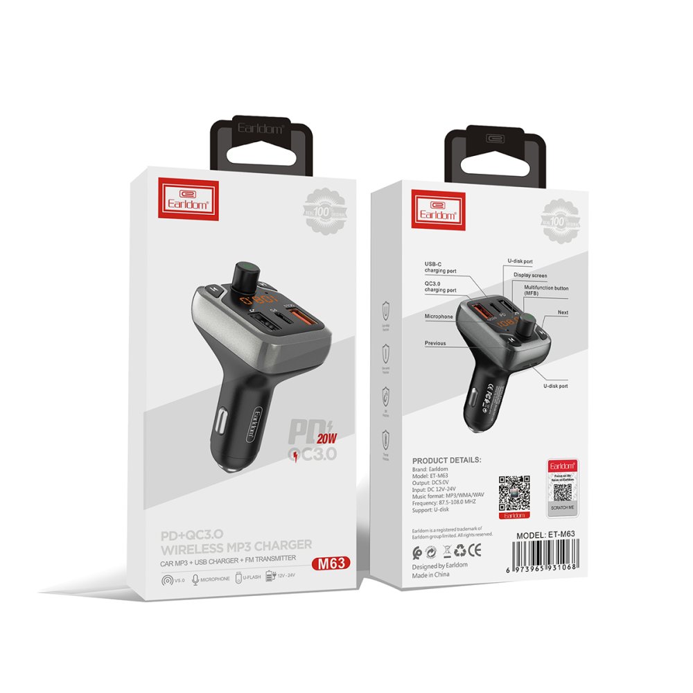 Earldom M63 Bluetooth USB3.0 ve Type C PD Hızlı Şarj FM Transmitter - Siyah