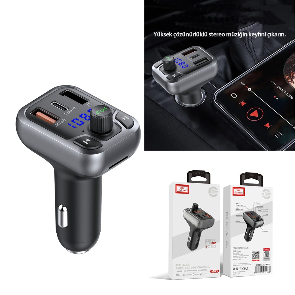 Earldom M63 Bluetooth USB3.0 ve Type C PD Hızlı Şarj FM Transmitter - Siyah