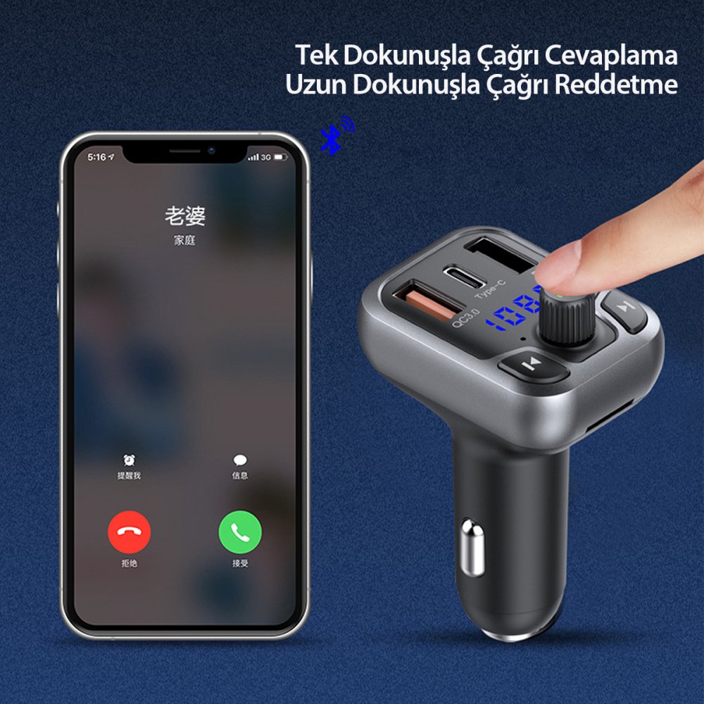 Earldom M63 Bluetooth USB3.0 ve Type C PD Hızlı Şarj FM Transmitter - Siyah