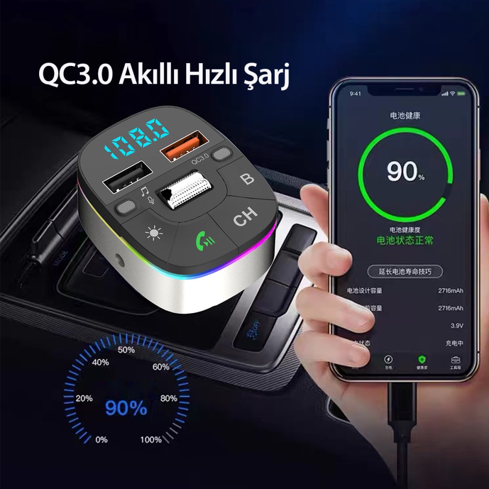 Earldom M74 Bluetooth USB3.0 Dijital FM Transmitter - Siyah