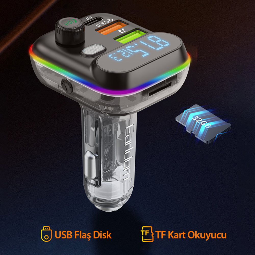 Earldom M80 Bluetooth USB3.0 ve Type C PD Hızlı Şarj FM Transmitter - Siyah