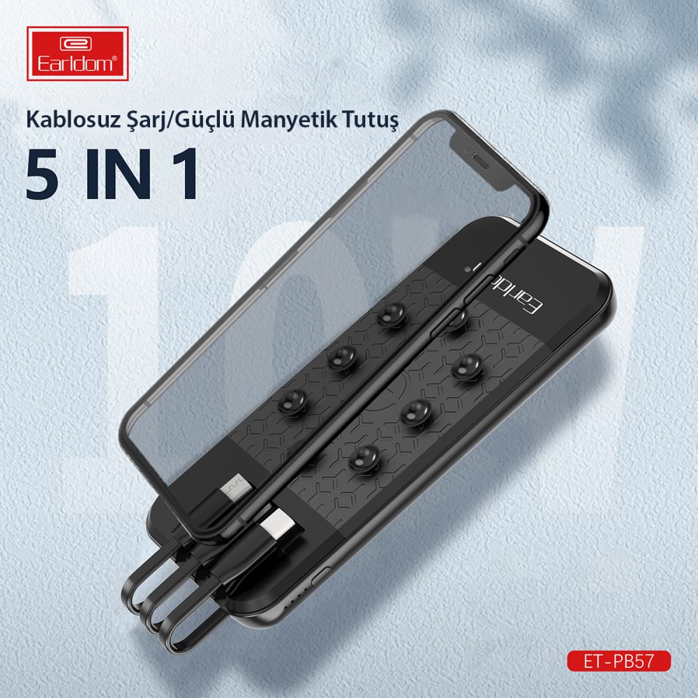 Earldom PB57 10.000 mAh 5in1 Kablosuz Şarjlı PD Hızlı Şarj Powerbank - Siyah