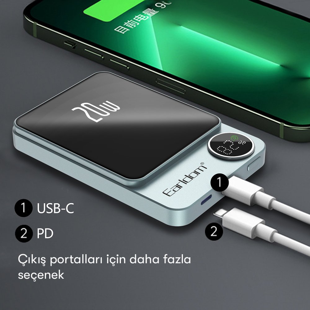 Earldom PD23 5.000 mAh 20W Kablosuz Şarjlı PD Hızlı Şarj Mini Powerbank - Yeşil