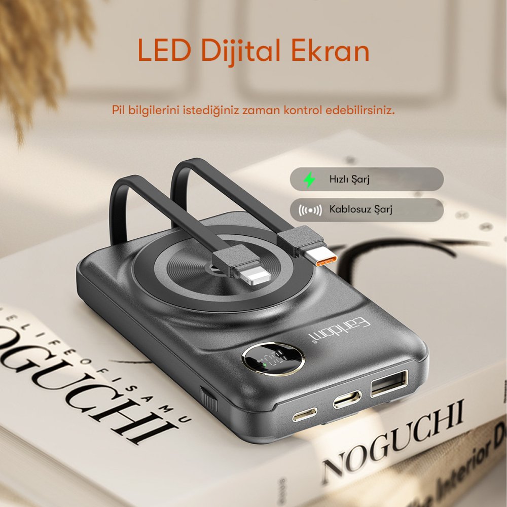 Earldom PD28 10.000 mAh 22.5W Kablosuz Şarjlı Dijital Göstergeli PD Hızlı Şarj Mini Powerbank - Mor