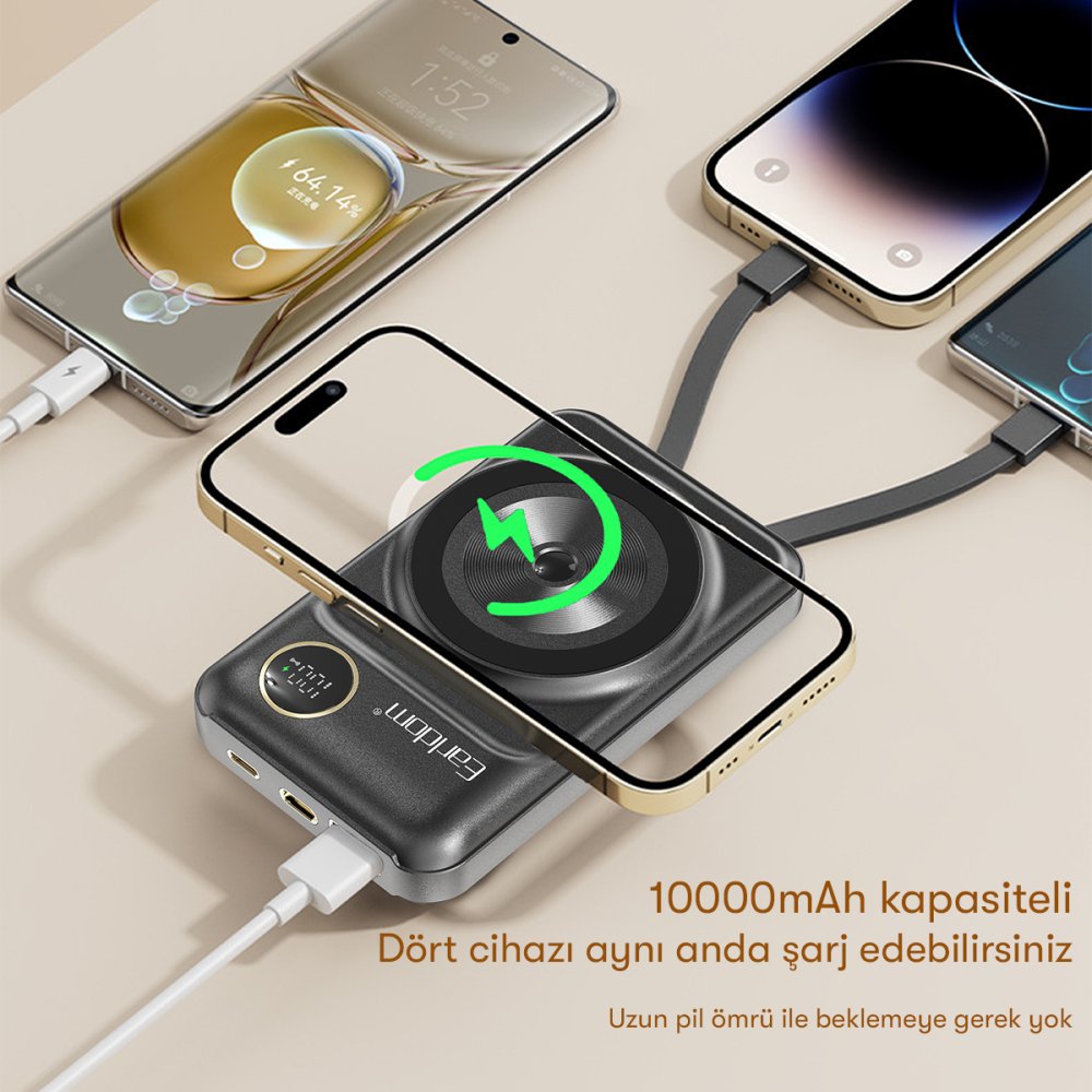 Earldom PD28 10.000 mAh 22.5W Kablosuz Şarjlı Dijital Göstergeli PD Hızlı Şarj Mini Powerbank - Mor