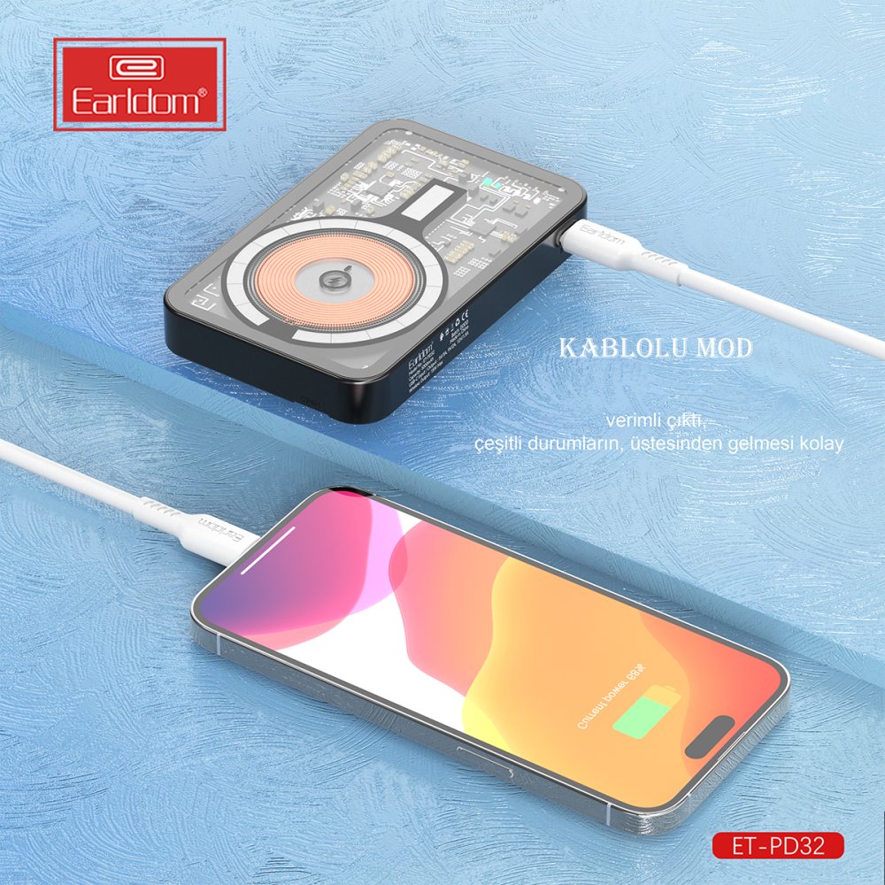 Earldom PD32 5.000 mAh 22.5W Kablosuz Şarjlı Standlı PD Hızlı Şarj Powerbank - Siyah