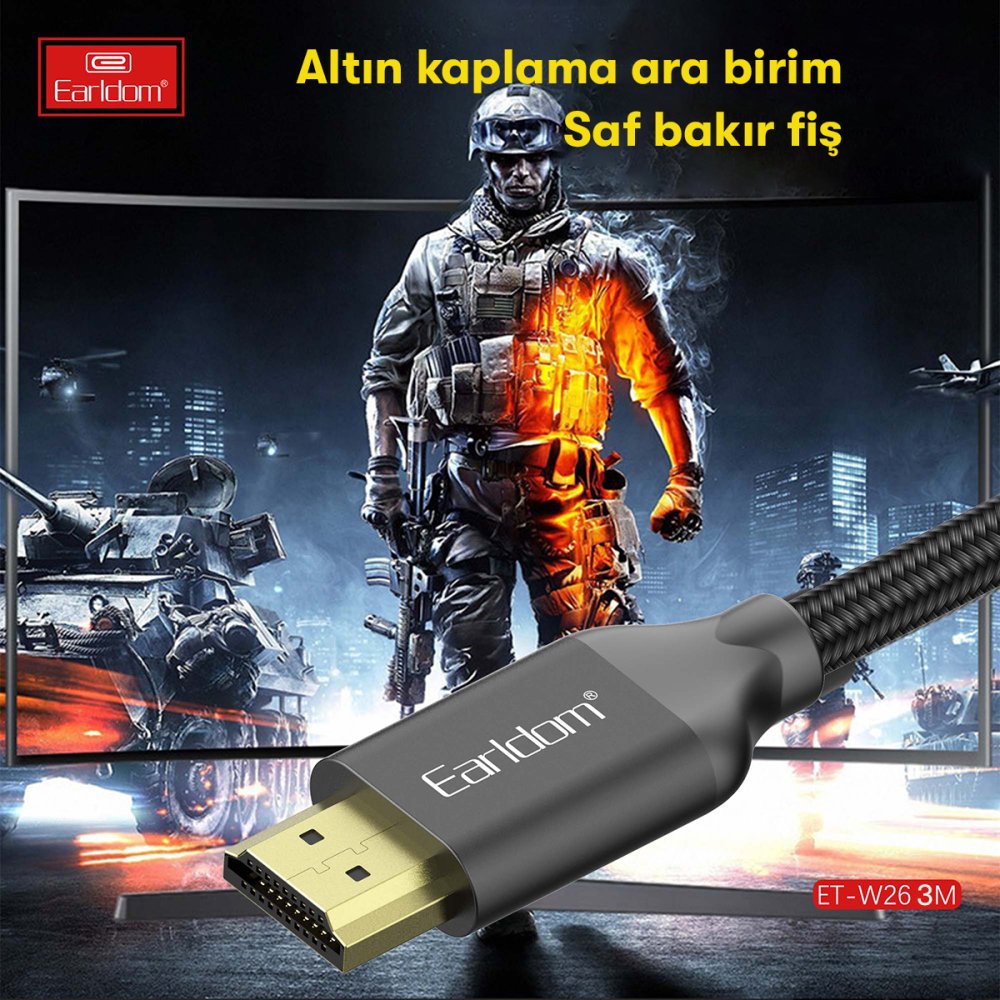 Earldom W26 3m 4K Altın Uçlu Hasır HDMI Kablo - Siyah