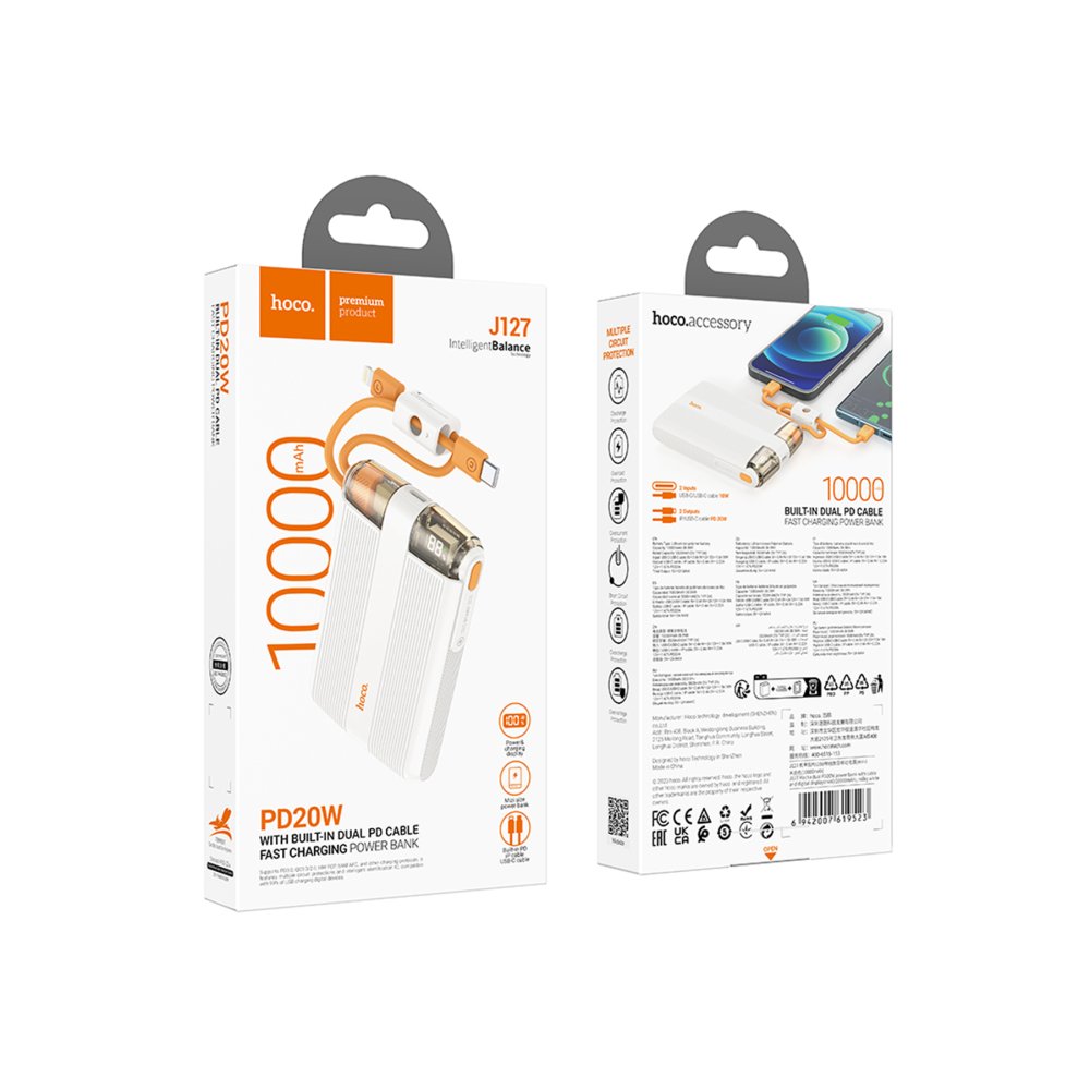 Hoco J127 Dijital Göstergeli Dual Kablolu 20W 10.000 mAh PD Mini Powerbank - Beyaz