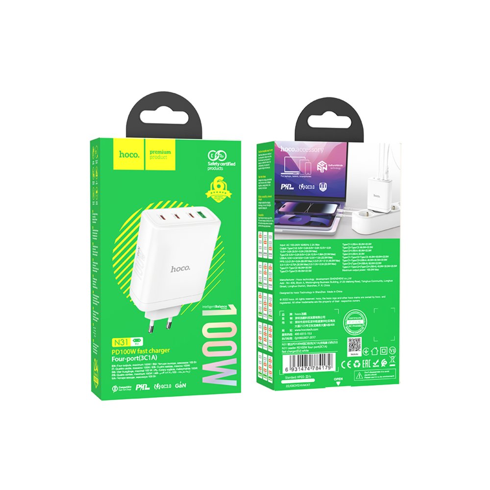 Hoco N31 Leader PD 100W 3 Adet Type-C 1 Adet USB Şarj Aleti - Beyaz