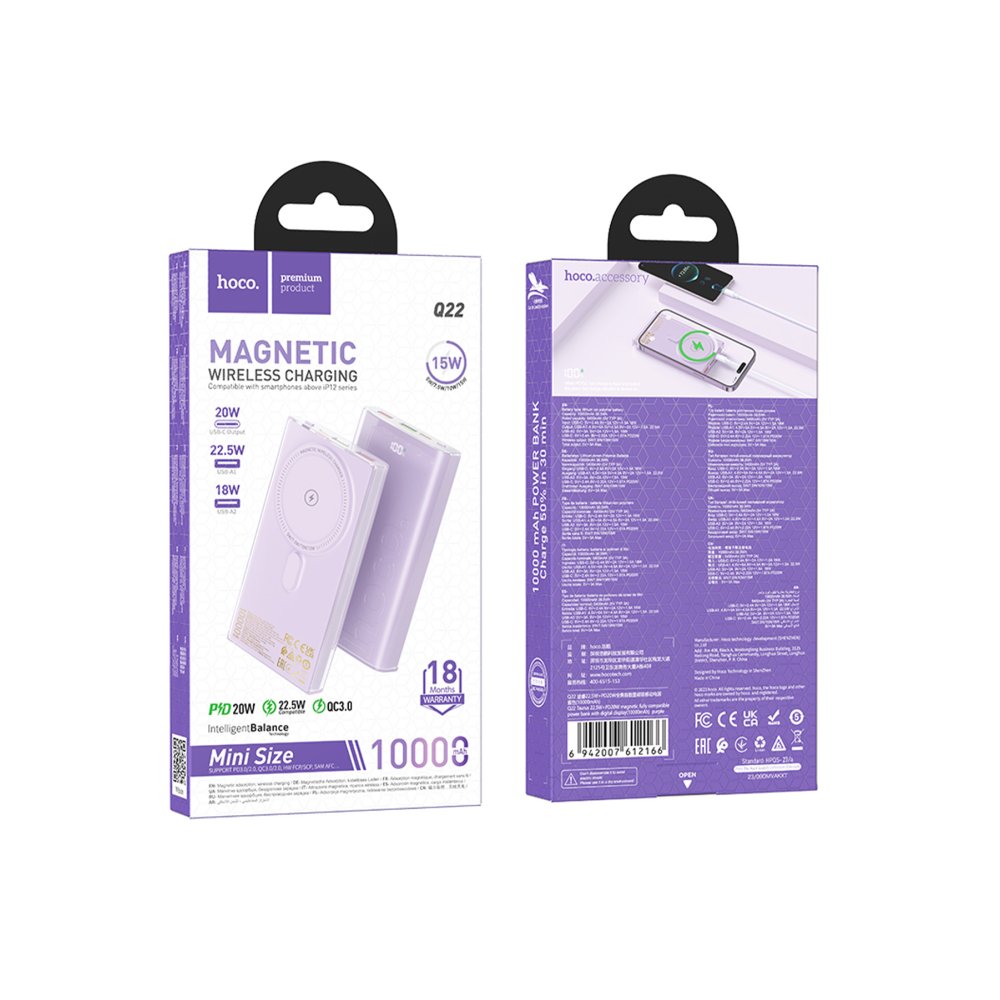 Hoco Q22 Taurus 22.5W PD 20W Magsafe Dijital Ekranlı Powerbank - Mor