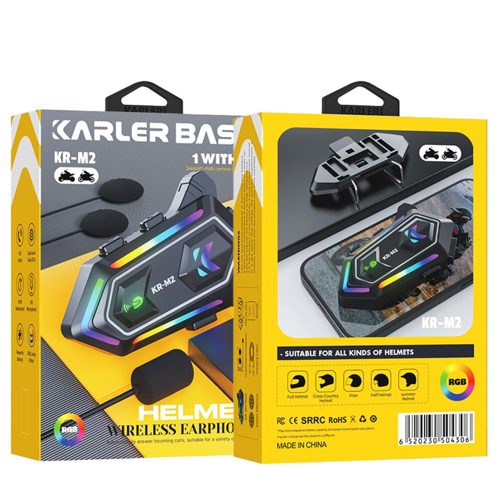 Karler Bass KRM2 RGB Motosiklet Sürücüleri İçin IPX6 Su Geçirmez Özellikli Kablosuz Bluetooth Kulaklık - Siyah