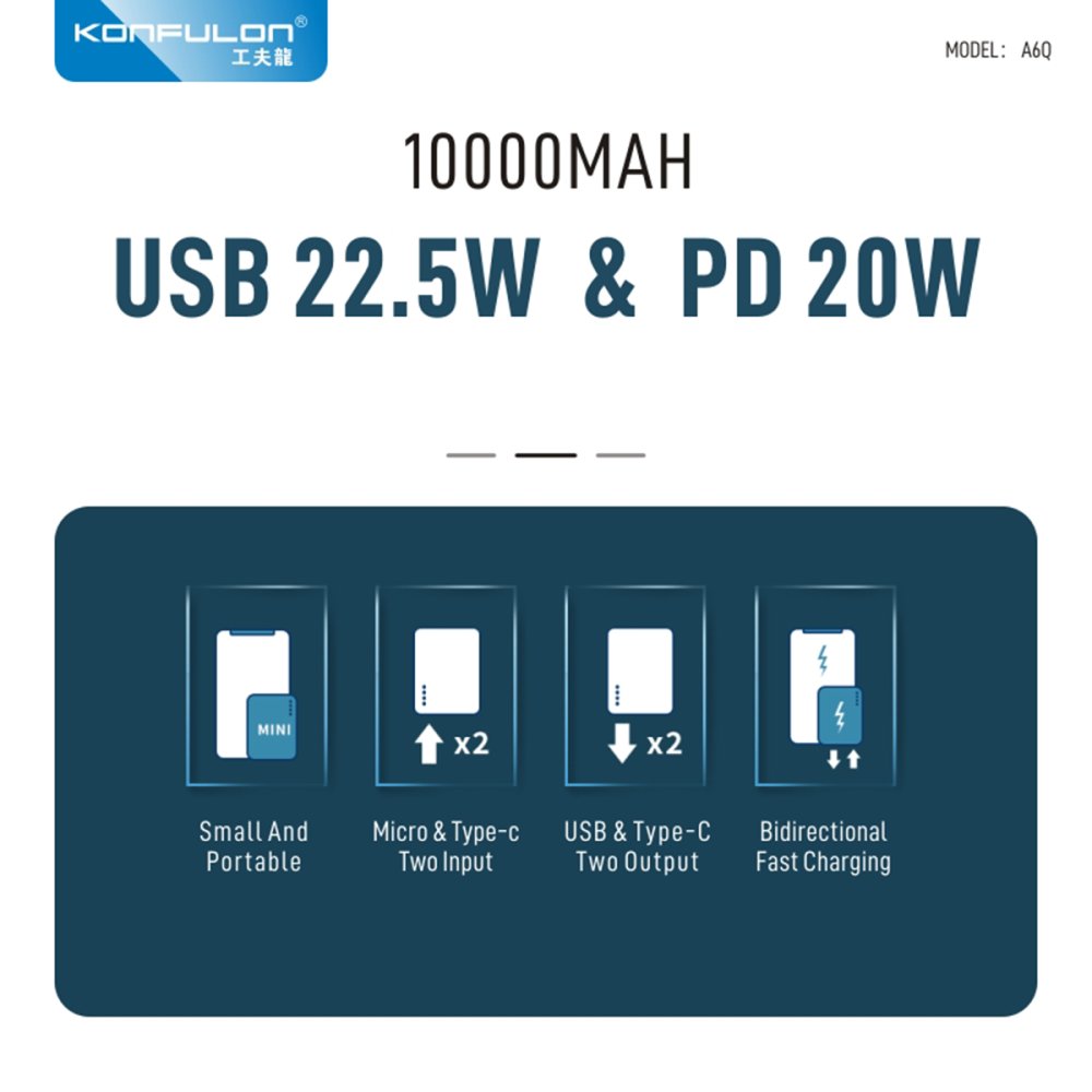 Konfulon A6Q 22.5W Usb 3.0 ve 20W Type-C Çıkışlı 10.000 mAh PD Powerbank - Beyaz