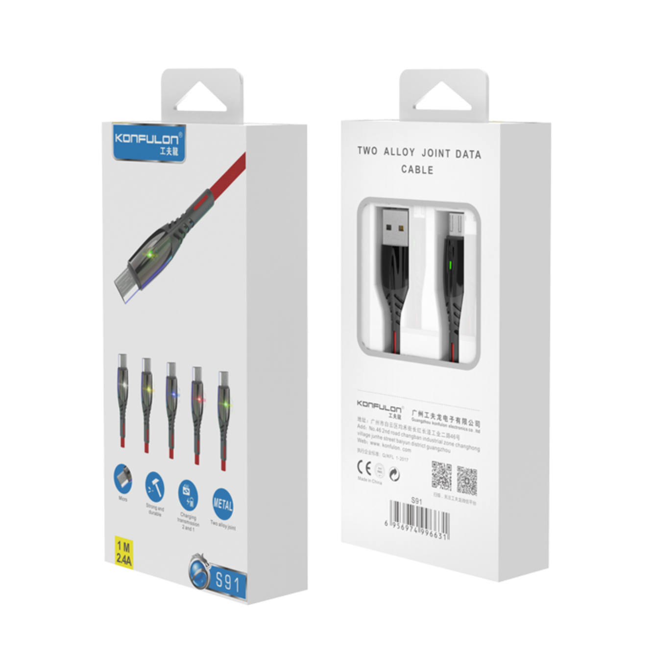 Konfulon S91 Ledli Micro USB Kablo 1M 2.4A - Kırmızı