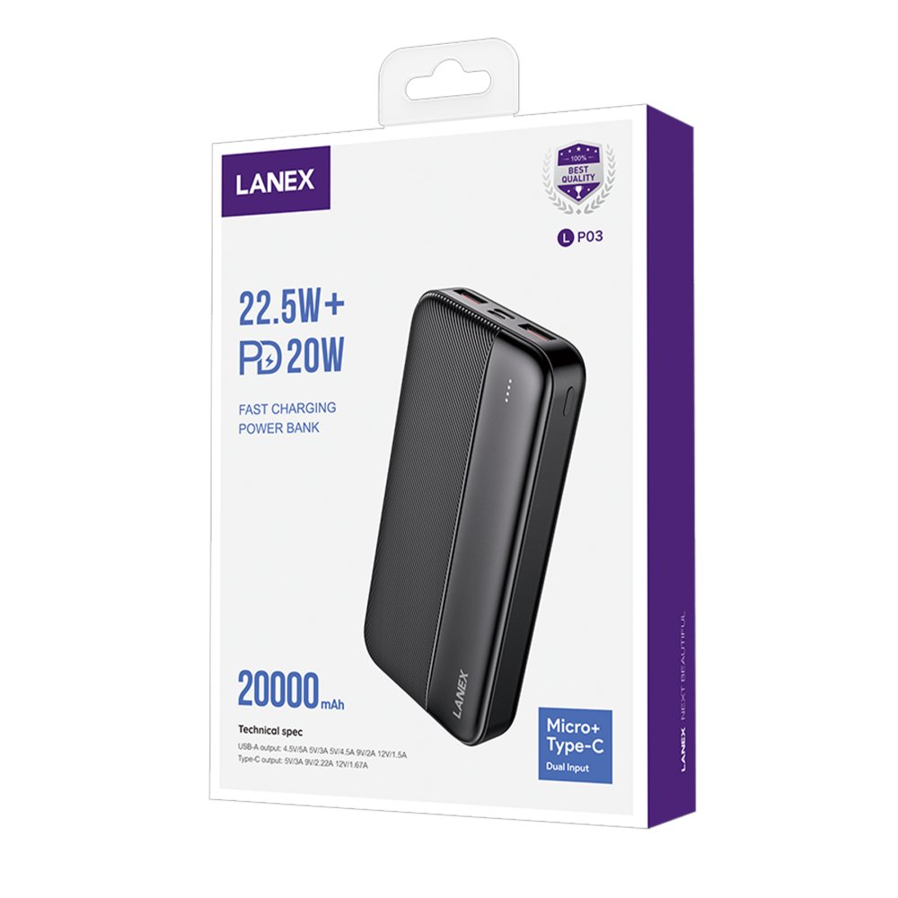 Lanex LP03 20.000 mAh 22.5W PD Hızlı Şarj Powerbank - Siyah