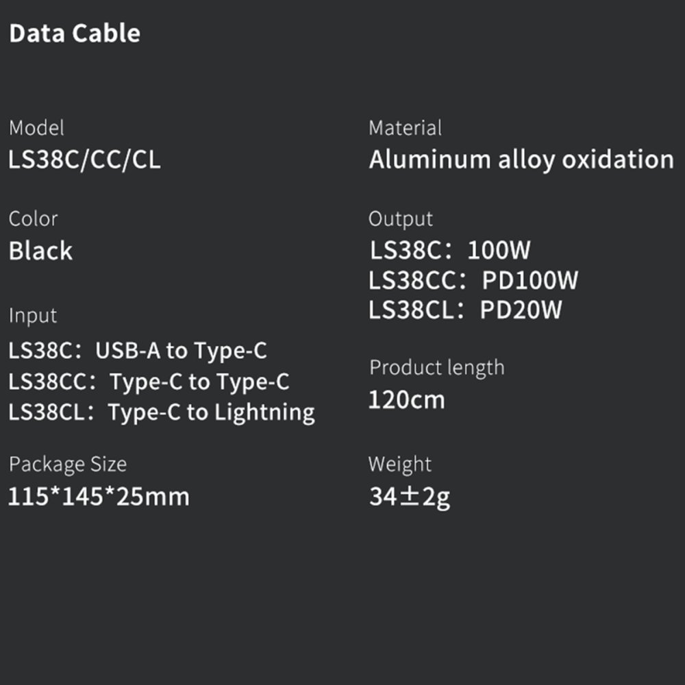 Lanex LS38CC 1.2M 100W Hasırlı Type-C to Type-C PD Hızlı Şarj Kablosu - Siyah