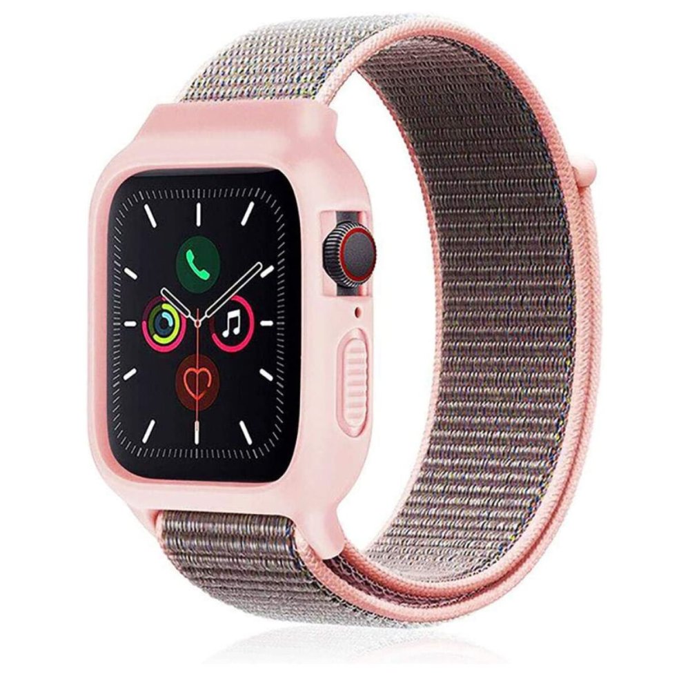 Newface Apple Watch 38mm Hasırlı Cırtcırtlı Kasalı Kordon - Pembe