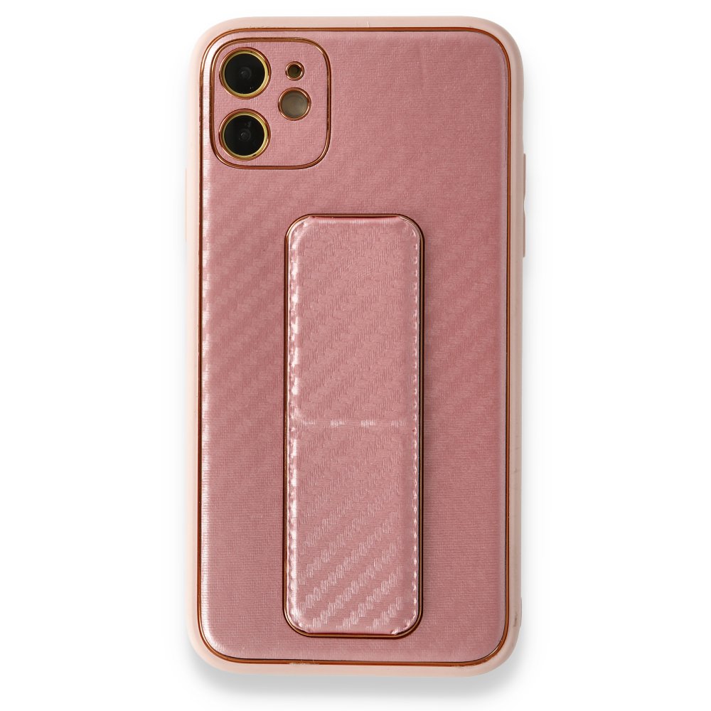 Newface iPhone 12 Kılıf Coco Karbon Standlı Kapak - Pembe