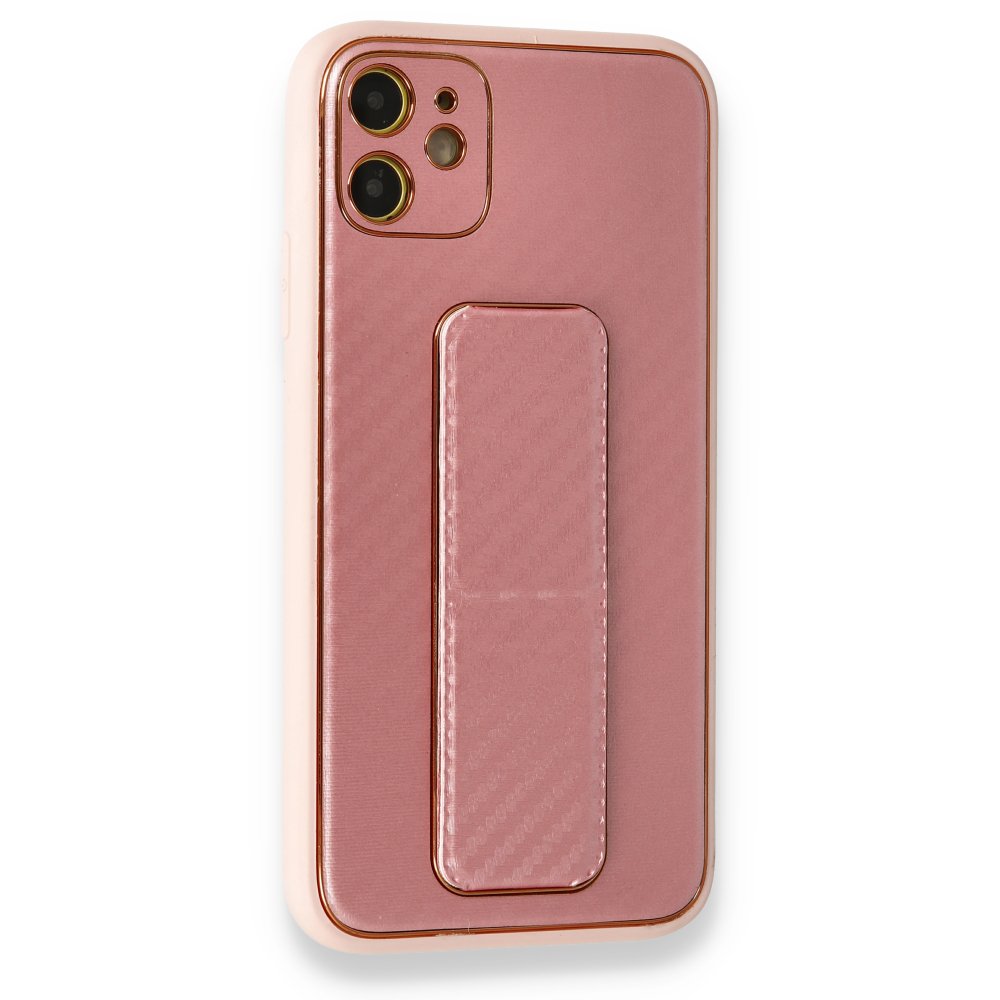 Newface iPhone 12 Kılıf Coco Karbon Standlı Kapak - Pembe