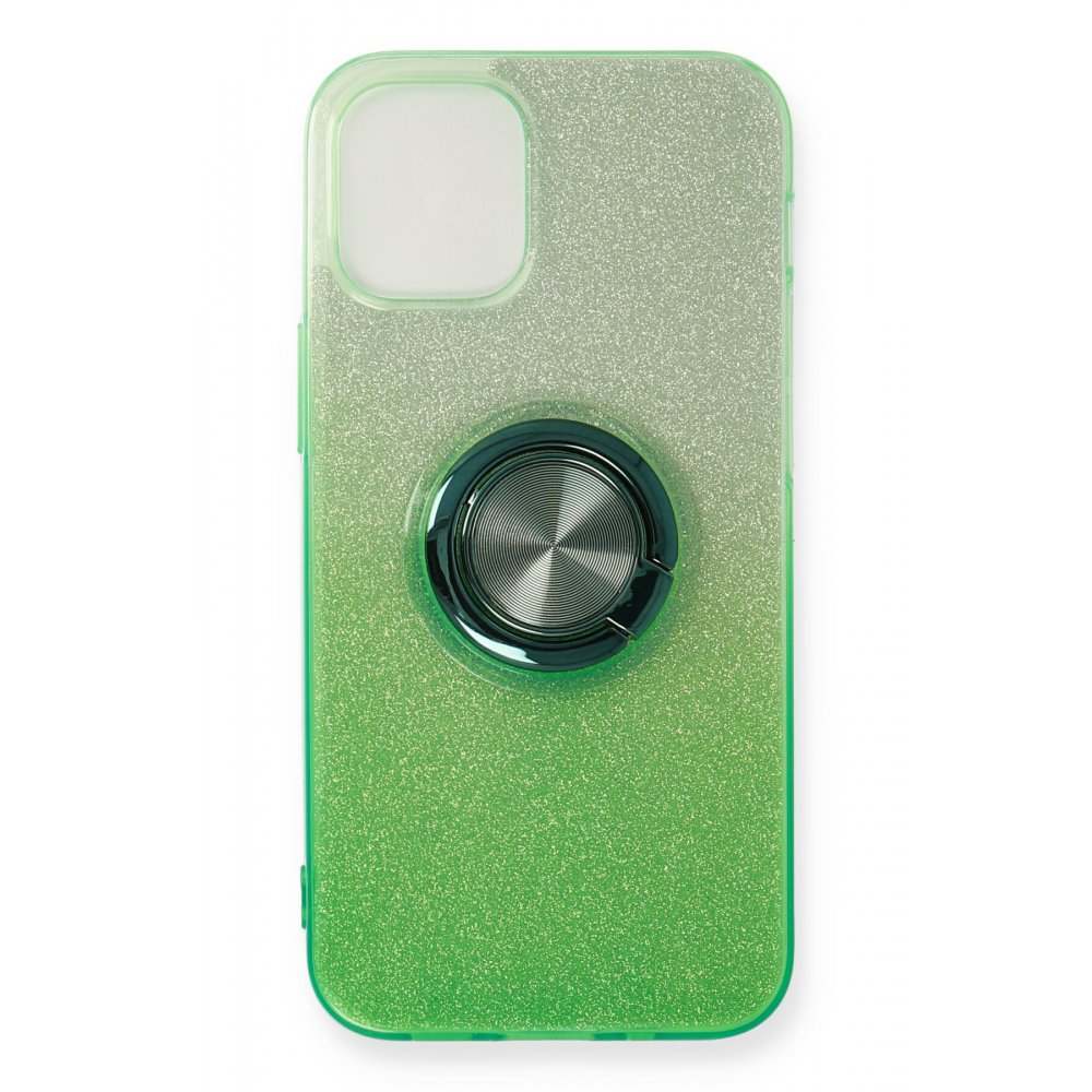 Newface iPhone 12 Kılıf Simli Yüzüklü Silikon - Yeşil
