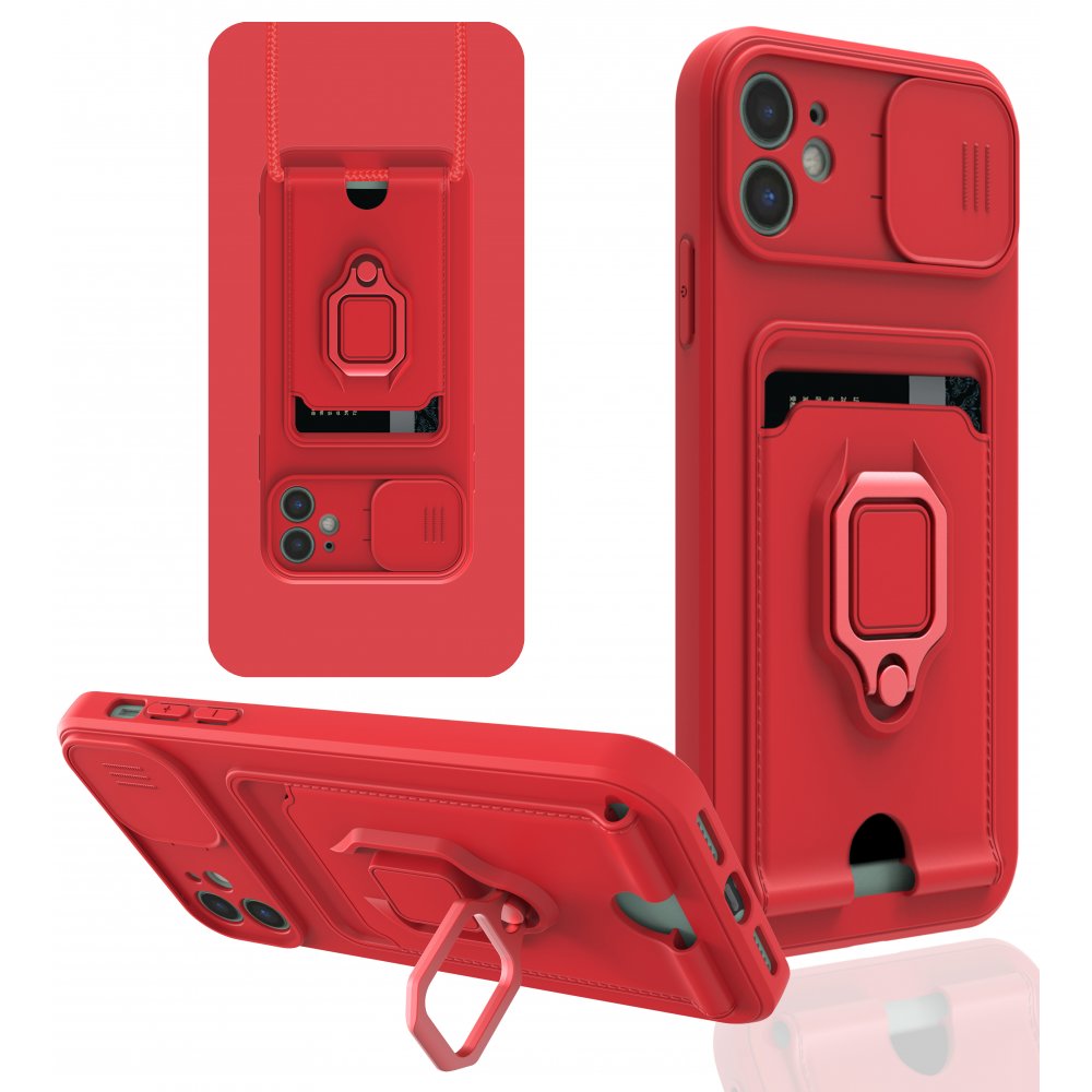 Newface iPhone 12 Kılıf Zuma Kartvizitli Yüzüklü Silikon - Kırmızı
