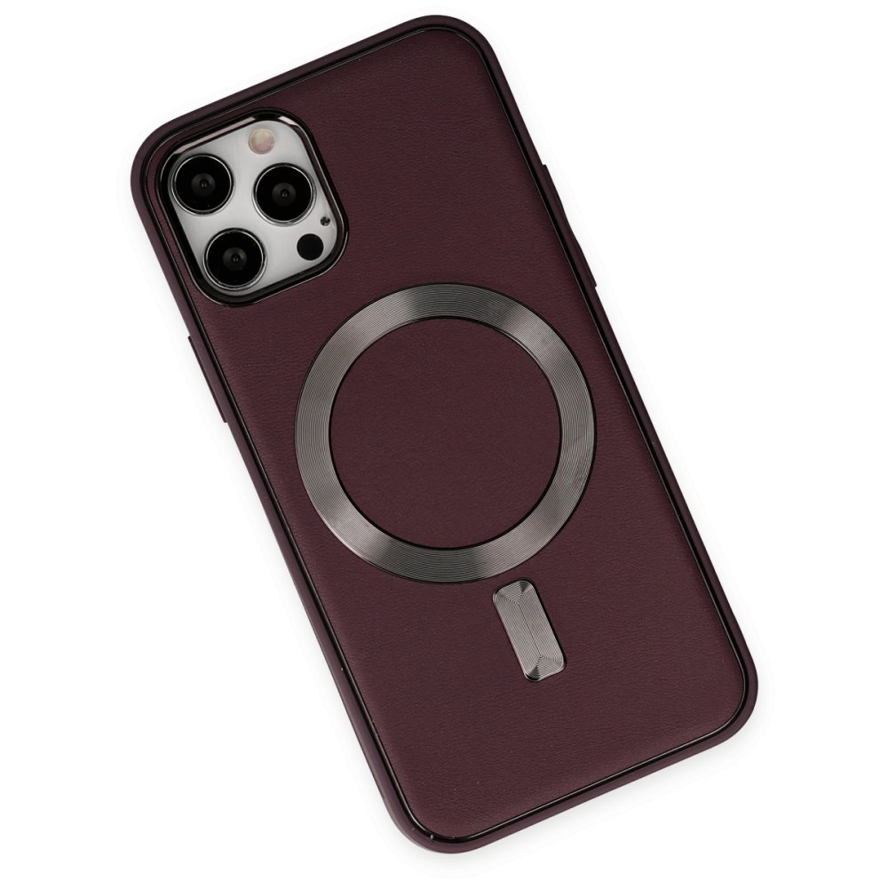 Newface iPhone 12 Pro Max Kılıf Coco Deri Magneticsafe Silikon - Bordo