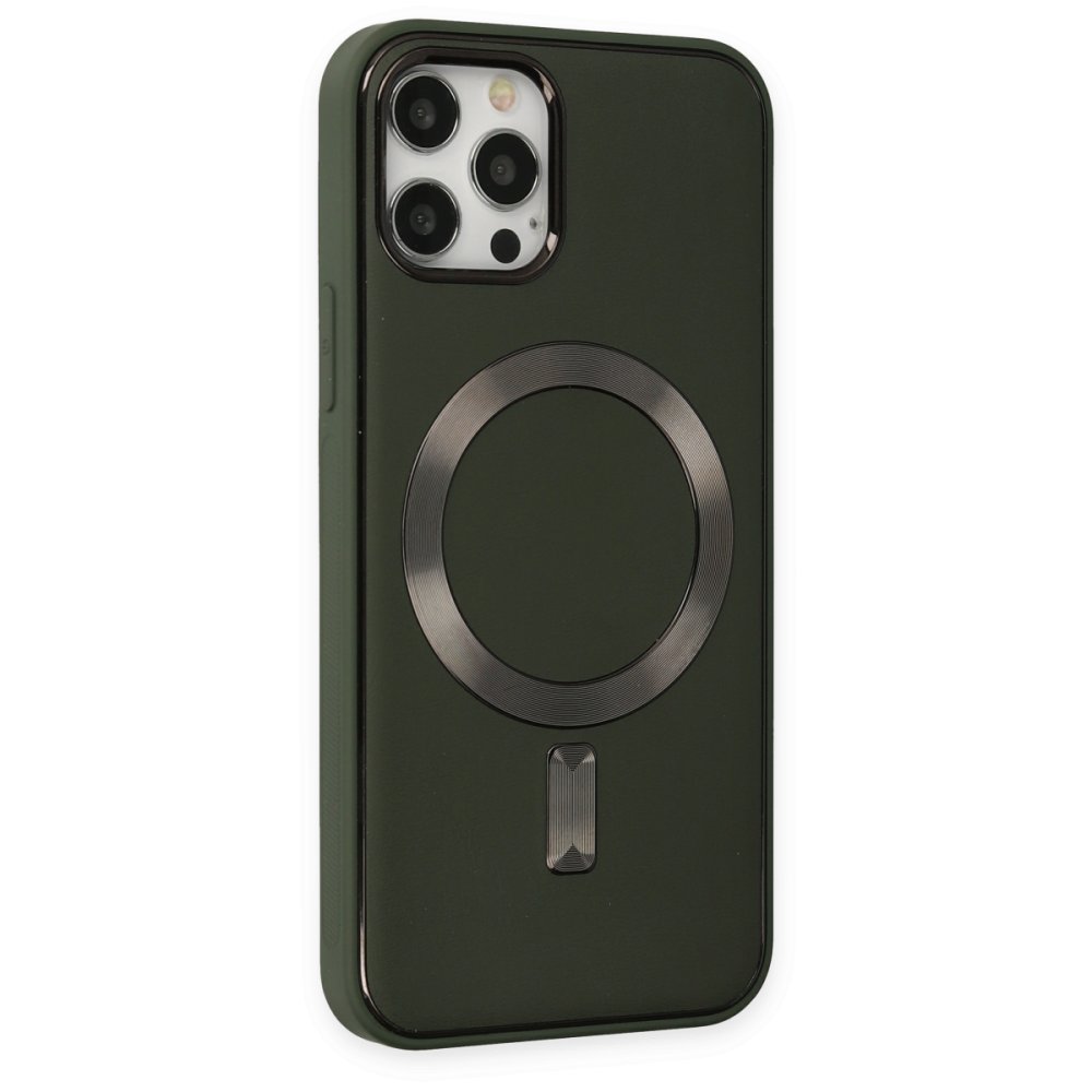 Newface iPhone 12 Pro Max Kılıf Coco Deri Magneticsafe Silikon - Haki Yeşil