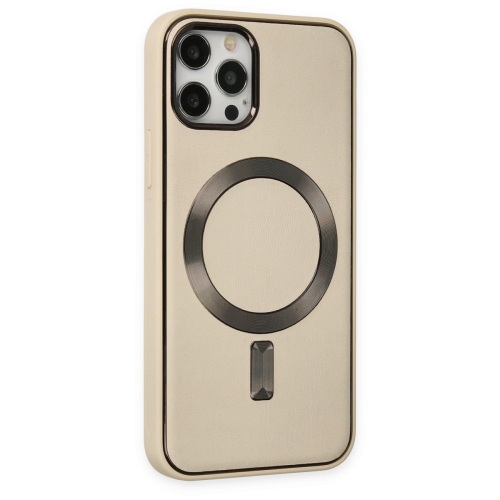 Newface iPhone 12 Pro Max Kılıf Coco Deri Magneticsafe Silikon - Krem