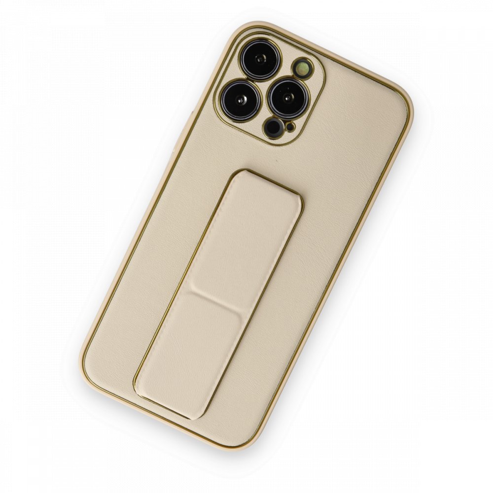 Newface iPhone 13 Pro Kılıf Coco Deri Standlı Kapak - Gold