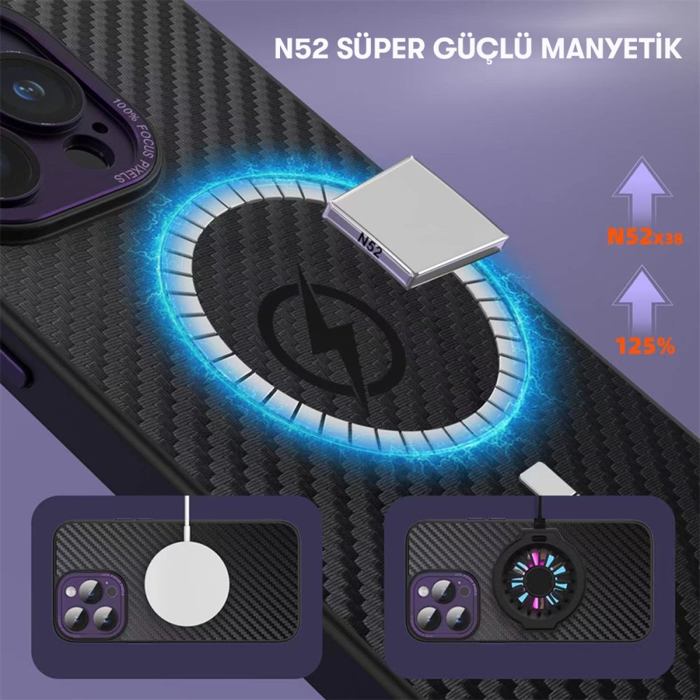 Newface iPhone 14 Pro Max Kılıf Harbon Magneticsafe Karbon Kapak - Derin Mor