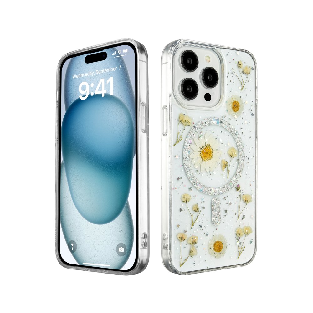 Newface iPhone 15 Pro Max Kılıf Daisy Simli Magsafe Kapak - Gümüş
