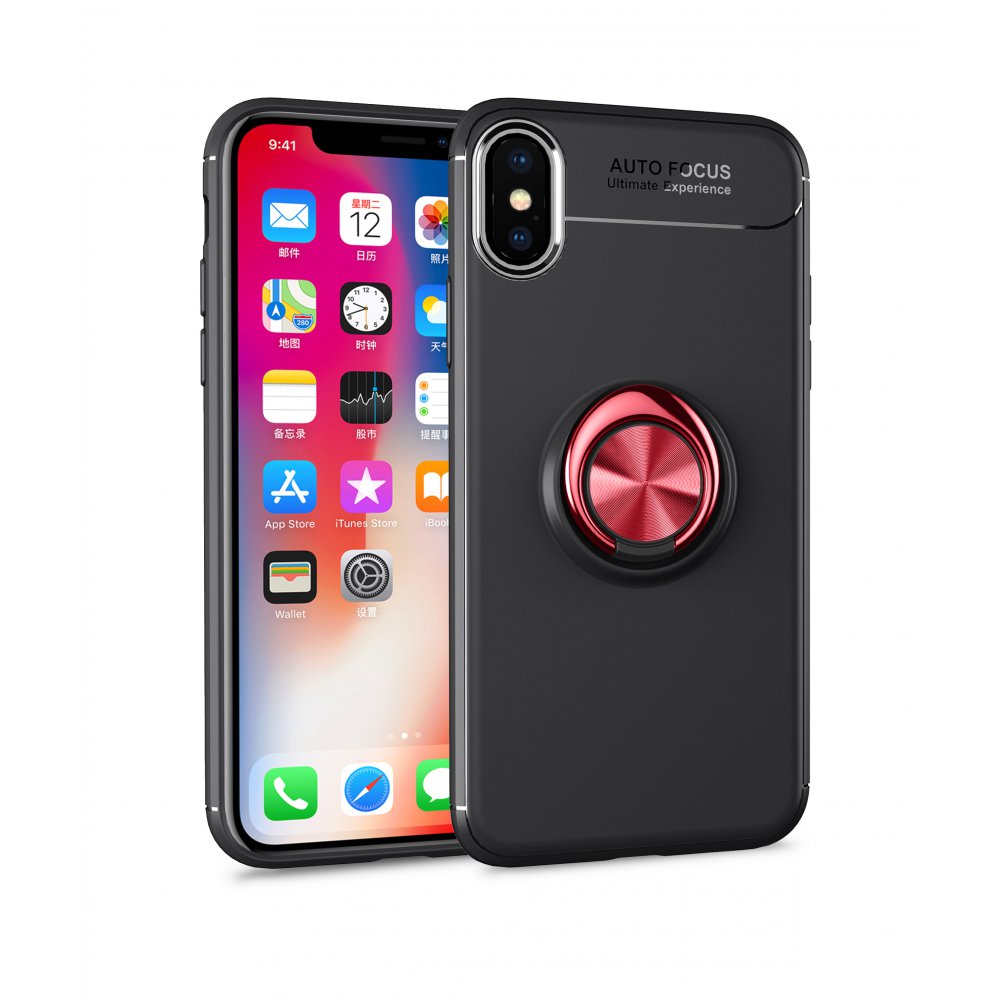 Newface iPhone X Kılıf Range Yüzüklü Silikon - Siyah-Kırmızı