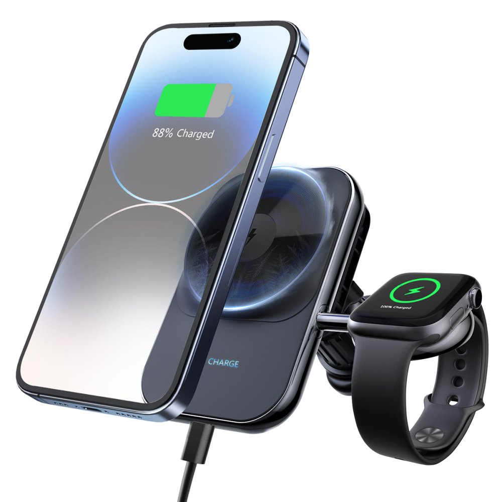 Newface S15 2in1 Izgara Klipsli 15W Telefon ve 5W Apple Watch Kablosuz Şarj Destekli Soğutucu Fanlı Manyetik Magsafe Araç Tutucu - Siyah