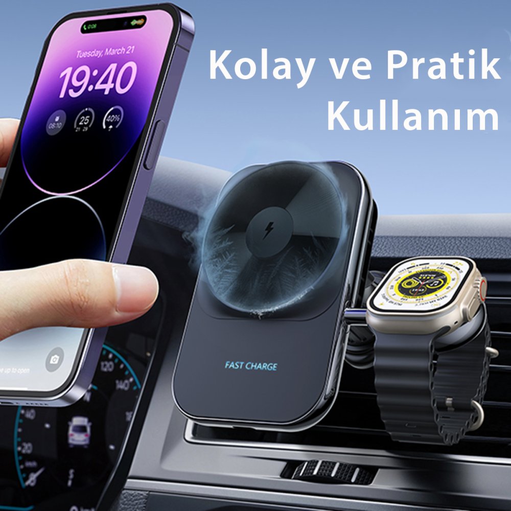 Newface S15 2in1 Izgara Klipsli 15W Telefon ve 5W Apple Watch Kablosuz Şarj Destekli Soğutucu Fanlı Manyetik Magsafe Araç Tutucu - Siyah