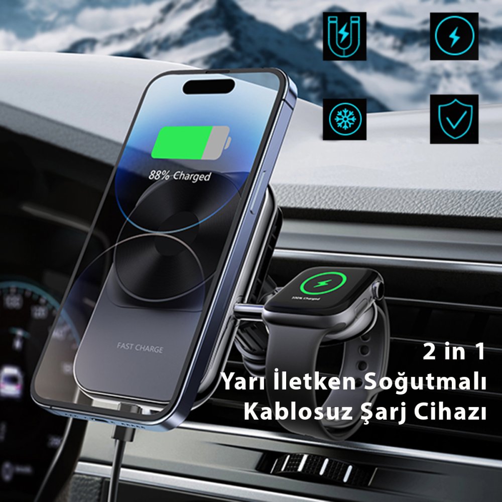 Newface S15 2in1 Izgara Klipsli 15W Telefon ve 5W Apple Watch Kablosuz Şarj Destekli Soğutucu Fanlı Manyetik Magsafe Araç Tutucu - Siyah