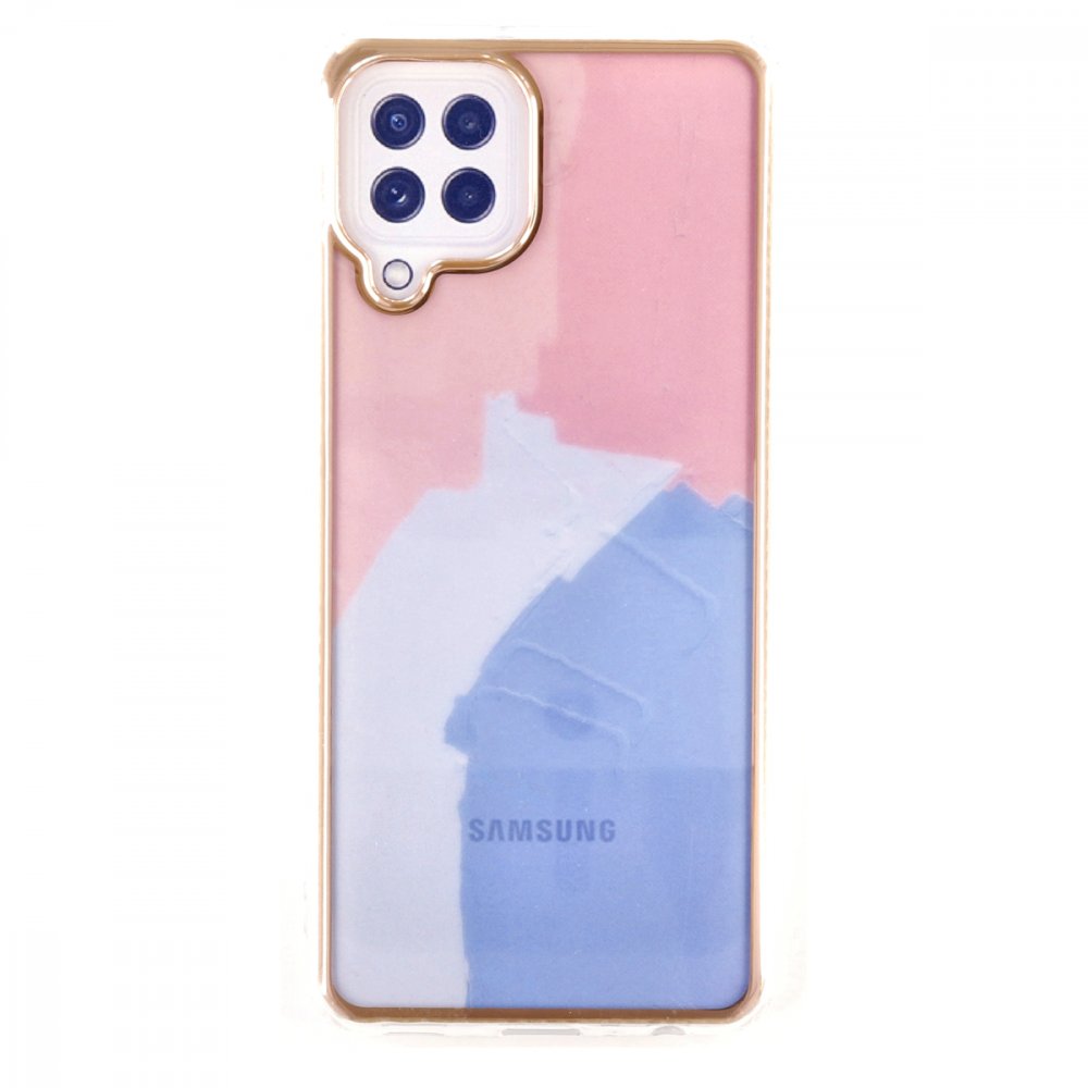 Newface Samsung Galaxy M32 Kılıf Çiçekli Silikon - Pembe-Mavi