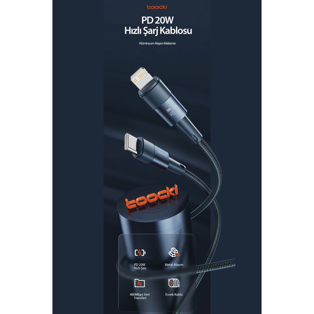 Newface Toocki TQ-X08FL 1M 20W Hasırlı Type-C to Lightning PD Hızlı Şarj Kablosu - Mavi