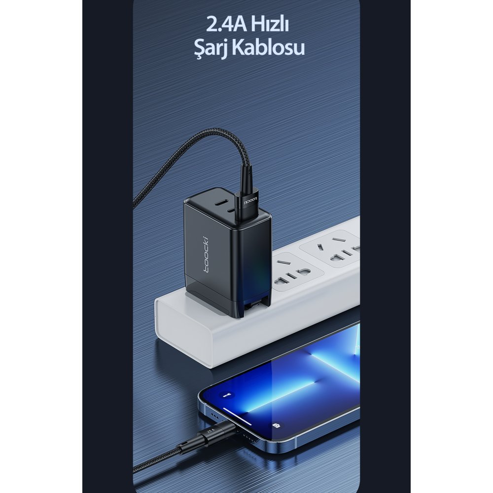 Newface Toocki TQ-X08L 1M 2.4A Hasırlı Usb to Lightning PD Hızlı Şarj Kablosu - Siyah