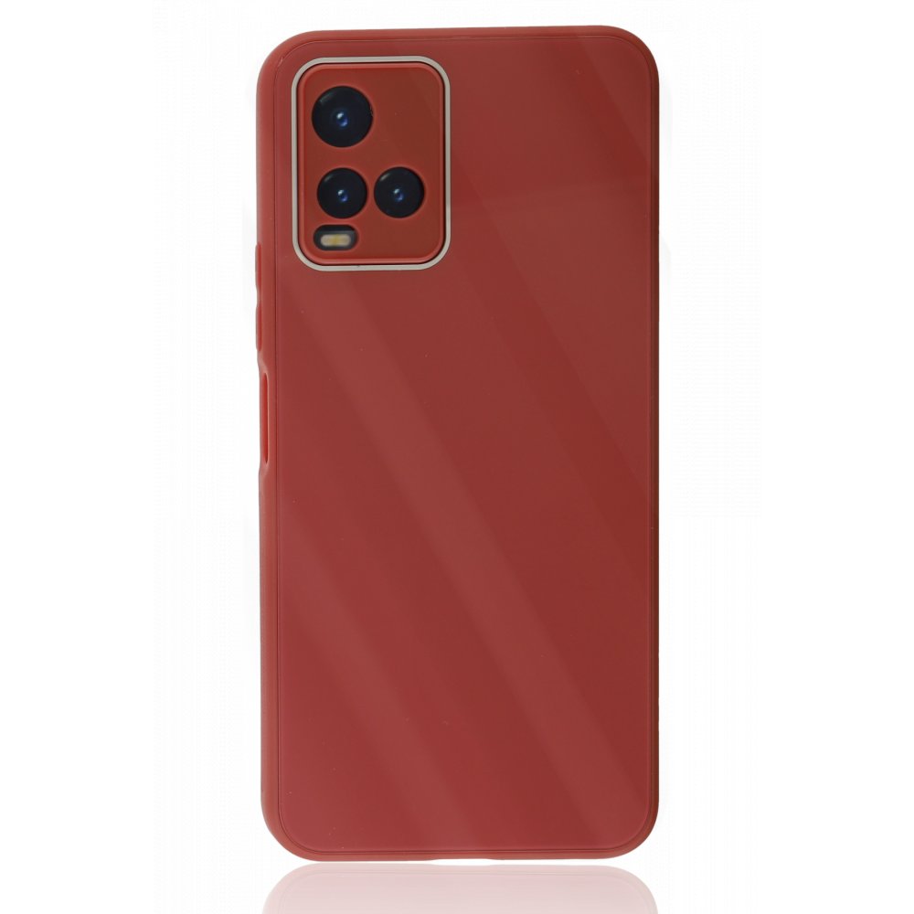 Newface Vivo Y33S Kılıf Glass Kapak - Bordo