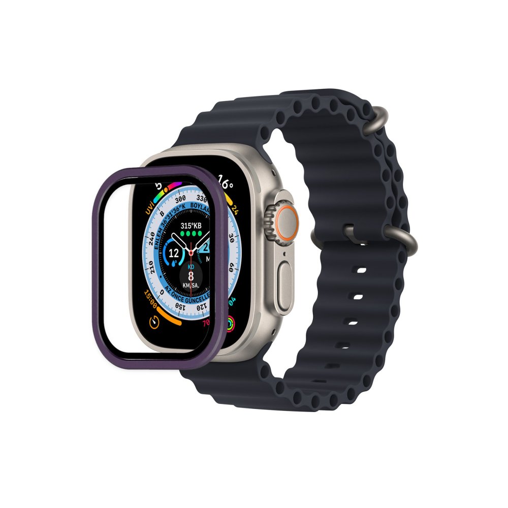 Newface Apple Watch Ultra 49mm Alüminyum Kasa Cam Ekran Koruyucu - Mor